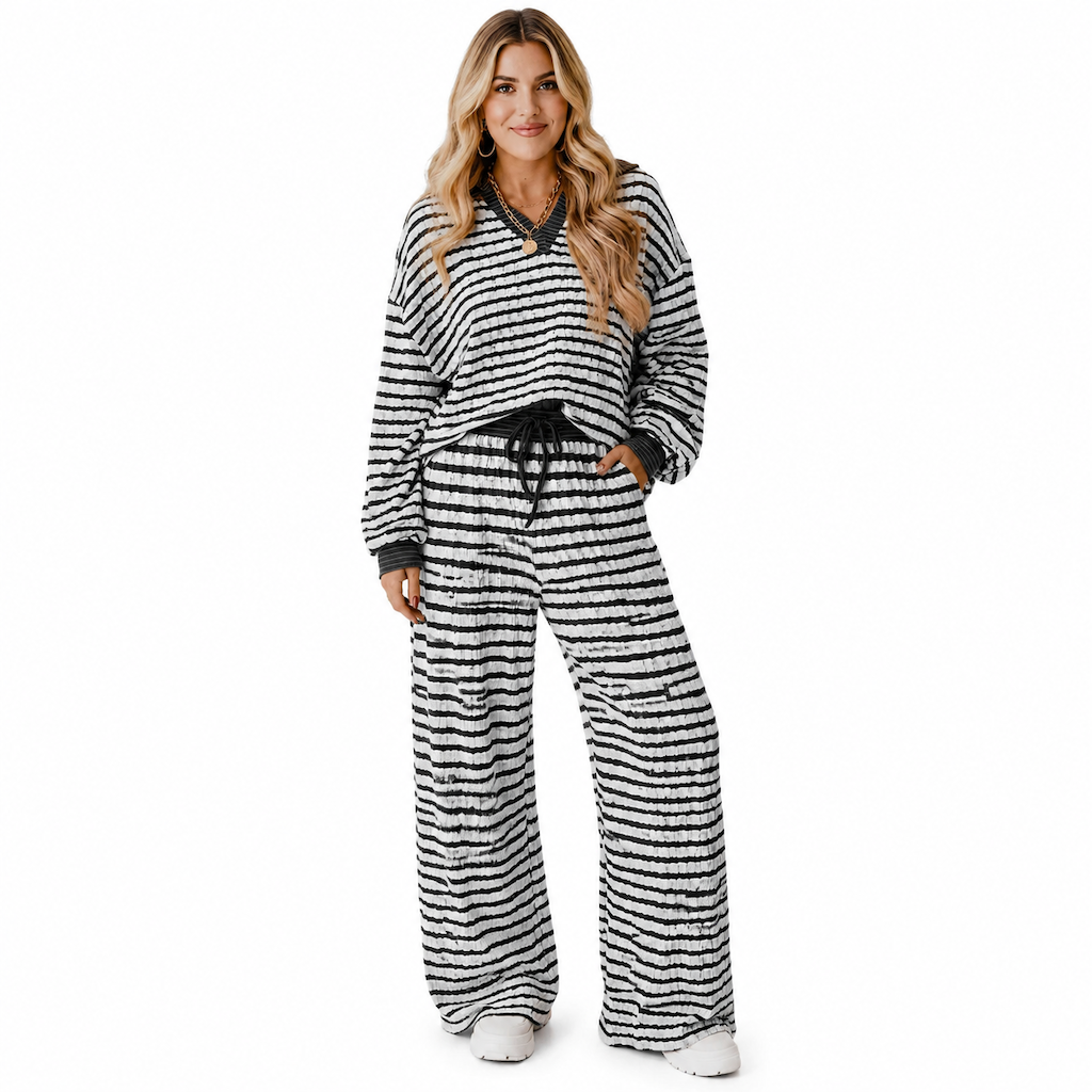 Damenes stripete avslappede loungewear-sett: Langermet V-hals topp og vidbeinte bukser, to-delt avslappet passformsett