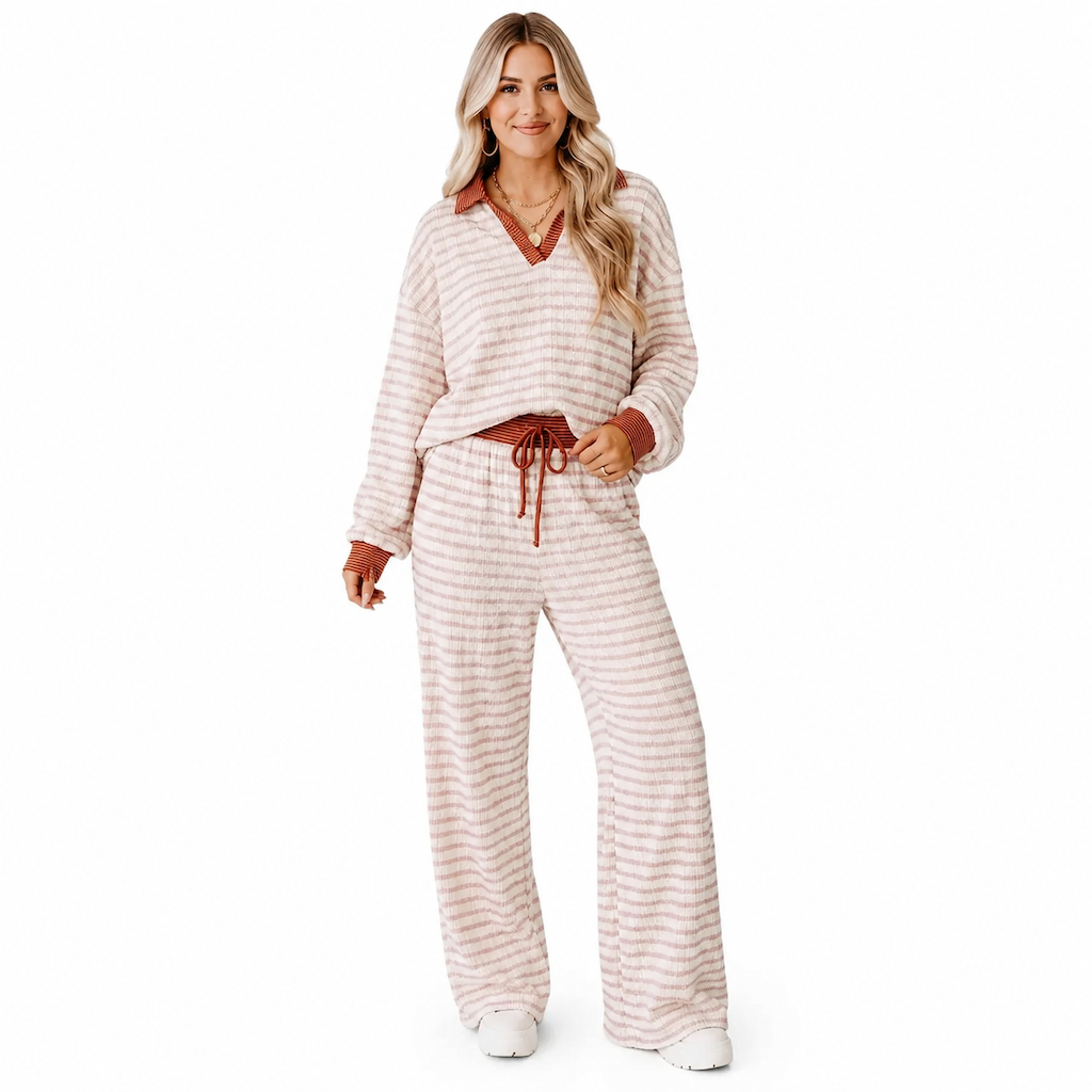 Damenes stripete avslappede loungewear-sett: Langermet V-hals topp og vidbeinte bukser, to-delt avslappet passformsett