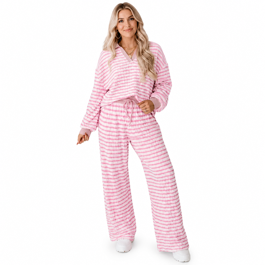Damenes stripete avslappede loungewear-sett: Langermet V-hals topp og vidbeinte bukser, to-delt avslappet passformsett