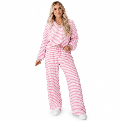 Damenes stripete avslappede loungewear-sett: Langermet V-hals topp og vidbeinte bukser, to-delt avslappet passformsett