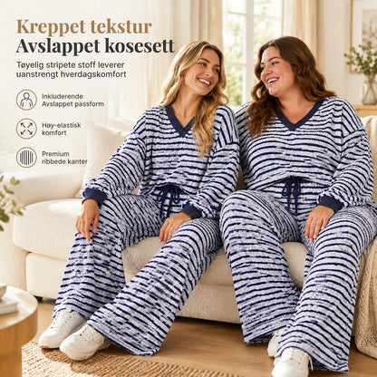 Damenes stripete avslappede loungewear-sett: Langermet V-hals topp og vidbeinte bukser, to-delt avslappet passformsett