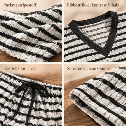 Damenes stripete avslappede loungewear-sett: Langermet V-hals topp og vidbeinte bukser, to-delt avslappet passformsett