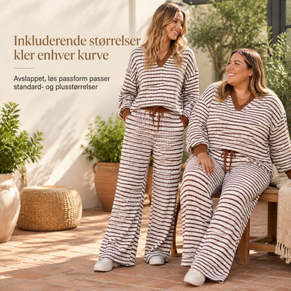 Damenes stripete avslappede loungewear-sett: Langermet V-hals topp og vidbeinte bukser, to-delt avslappet passformsett