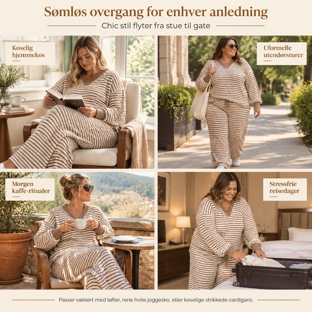 Damenes stripete avslappede loungewear-sett: Langermet V-hals topp og vidbeinte bukser, to-delt avslappet passformsett