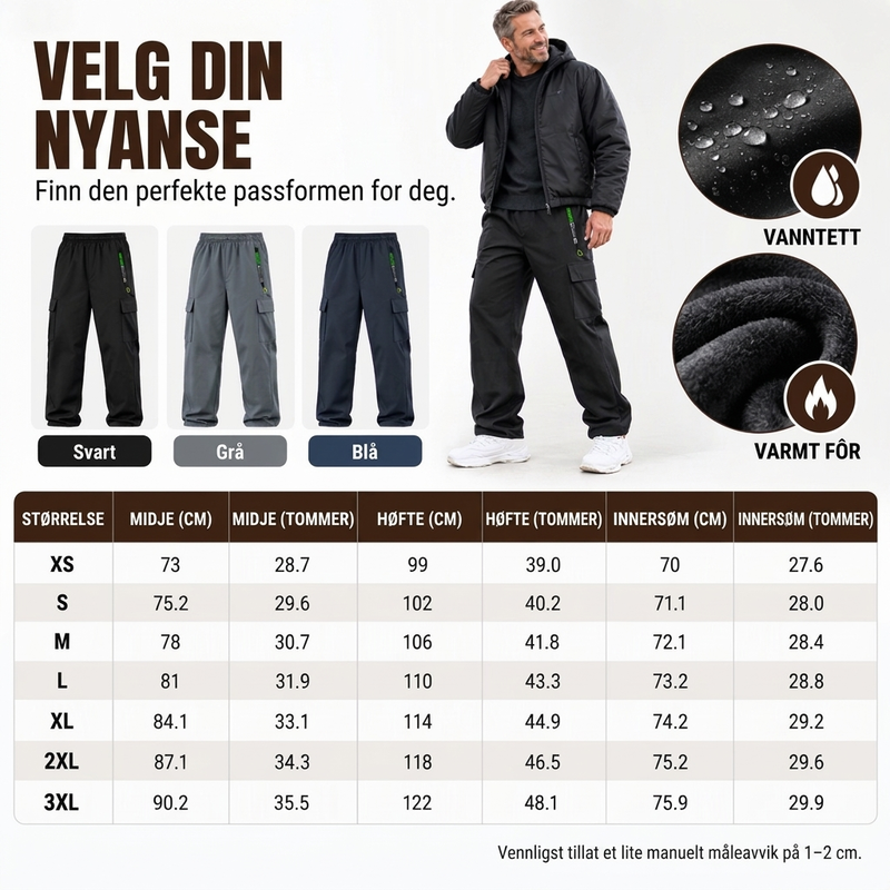 Vannavvisende herrebukse med fleecefôr og cargo-lommer