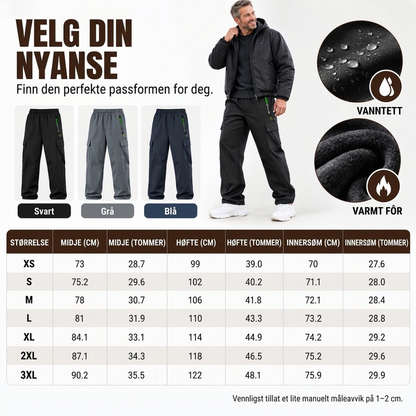 Vannavvisende herrebukse med fleecefôr og cargo-lommer