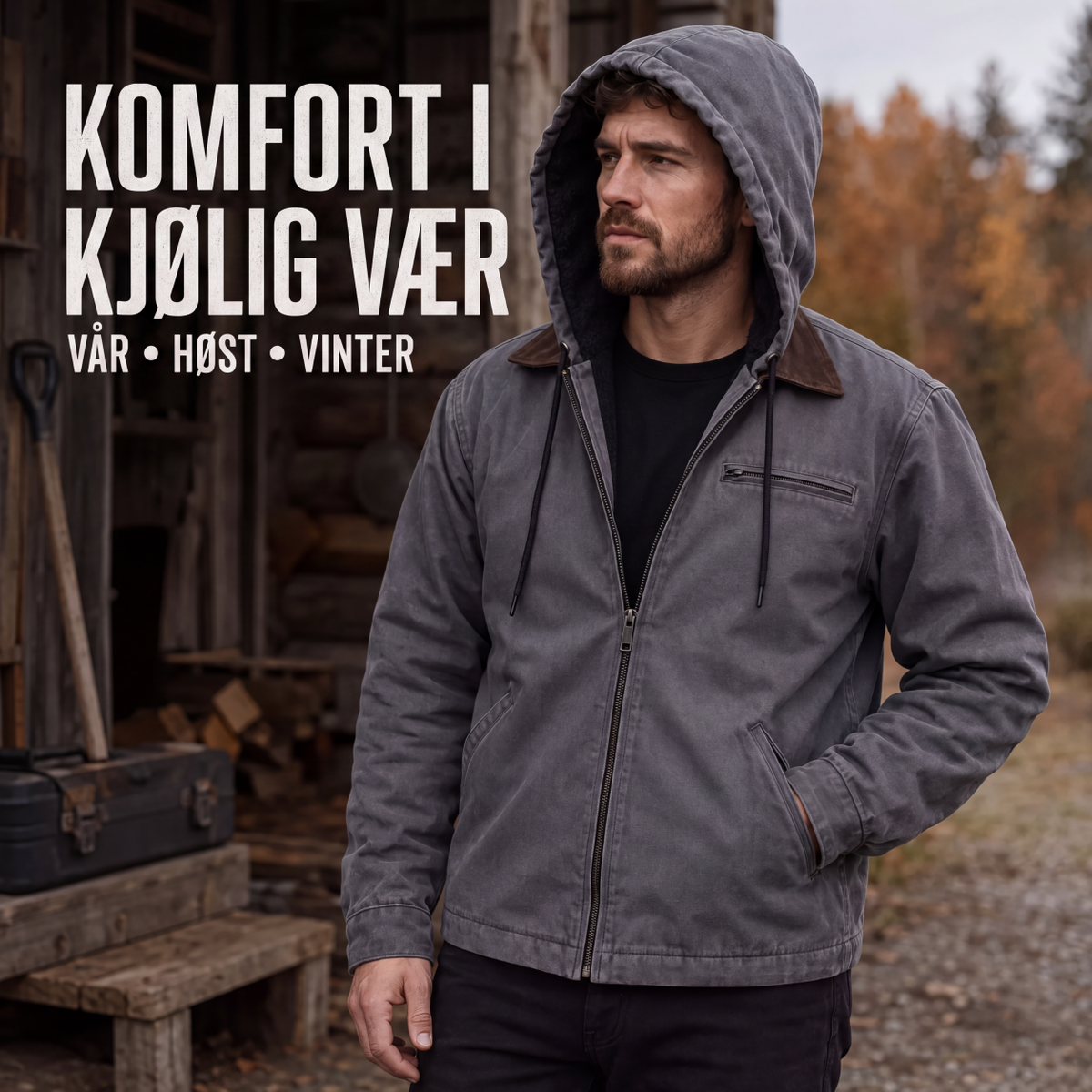 Arbeidsjakke med hette og plysjfôr for menn