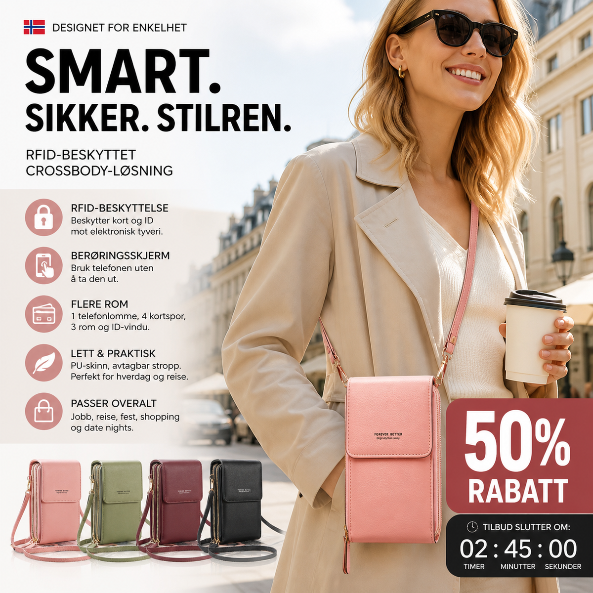 🔥50 % rabatt✨👛 RFID-beskyttet mobilveske i kunstskinn | 4 kortrom, justerbar stropp – til hverdag og reise