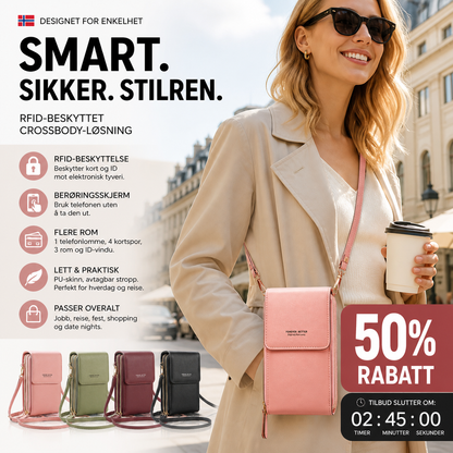 🔥50 % rabatt✨👛 RFID-beskyttet mobilveske i kunstskinn | 4 kortrom, justerbar stropp – til hverdag og reise