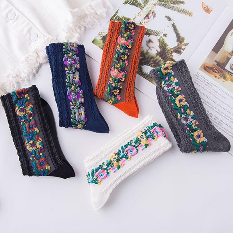 Vintage embroidered floral socks（5 Pairs）