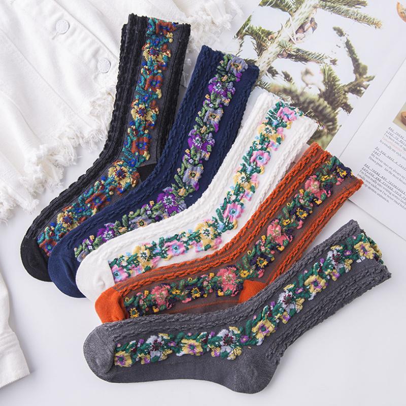 Vintage embroidered floral socks（5 Pairs）