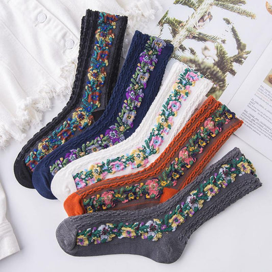 Vintage embroidered floral socks（5 Pairs）